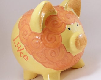 Yellow Lion Piggy Bank, Personalized Piggy Bank, Ceramic Lion Bank, Zoo Nursery Bank, Safari Jungle Theme, Baby Gift, with hole or NO hole