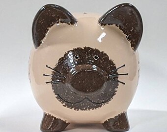 Siamese Kitty Piggy Bank, Personalized Piggy Bank, Kitten Savings Bank, Seal Point Siamese Cat Bank, Pet Lovers Gift, with hole or NO hole