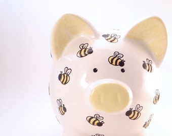 Bumble Bee Piggy Bank, Personalized Piggy Bank, Bug Theme Bank, Honey Bee Piggy Bank, Outdoors Nature Theme, Mom Gift, with hole or NO hole