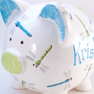 Blue & Green Dragonfly Piggy Bank, Personalized Piggy Bank, Bug Bank, Blue Green Insect Piggy Bank, Outdoor Fun Bank, with hole or NO hole image 4