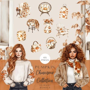 Paquete de imágenes prediseñadas de calabaza chinoiserie en acuarela / Preciosos PNG y gráficos de Halloween / Otoño tierno / Pegatinas digitales / Uso comercial