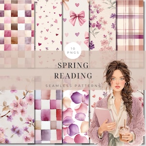 Puede incluir: Una colección de arte digital con diez patrones sin costuras con un tema de lectura primaveral. Los patrones incluyen diseños florales, a cuadros y de corazón en tonos de rosa, morado y beige. La imagen también incluye una mujer sosteniendo un libro y una bebida.