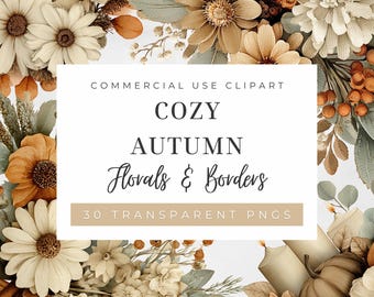 Watercolor Autumn Borders and Florals Clipart Bundle, Rustic Bouquet, Floral Fall PNG, Wedding Invite, Digital Stickers, Commercial Use