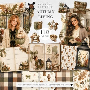 Puede incluir: Una colección digital de 110 archivos PNG titulada Autumn Living, que presenta ilustraciones en acuarela de setas, calabazas, linternas, patrones de cuadros, hojas de roble y diarios para proyectos de scrapbooking estacional.