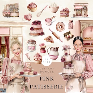 Puede incluir: Paquete de imágenes prediseñadas de acuarela con elementos de pastelería rosa. Incluye pasteles, pasteles, utensilios de cocina y dos mujeres con delantales sosteniendo bandejas de postres. También es visible el texto "75 PNGS" y "PINK PATISSERIE".