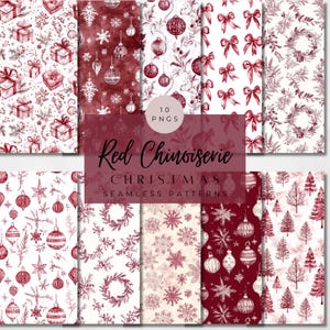 Puede incluir: Una colección de diez patrones navideños sin costuras en rojo y blanco. Los diseños incluyen cajas de regalo, copos de nieve, adornos, lazos, coronas y árboles. El texto "Red Chinoiserie Christmas Seamless Patterns" se muestra.