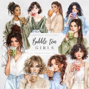 Aquarell Bubble Tea Mädchen Clipart-Bundle, Boba Tea PNG, Bubble Milchtee Clip Art, Boba Clipart, Bubble Tea PNG, kommerzielle Nutzung