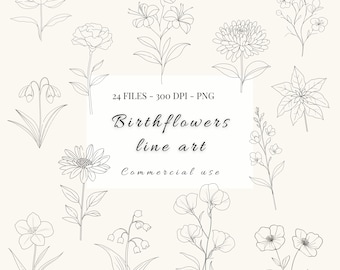 Birth month flower clipart | Hand drawn flowers | Monthly birth flower png | Floral illustrations | Line art bundle | Black and white png