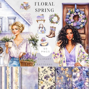 May include: A watercolour illustration with the text "FLORAL SPRING". The image features a woman holding a basket of lavender, a woman wearing a floral cardigan, and various floral-themed clip art and patterns, including a wreath and boots.