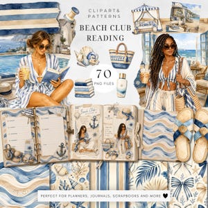 May include: A digital collection of 70 PNG files featuring beach club reading themes, including watercolor illustrations of people in blue and white striped outfits, seashells, books, tote bags, sandals, and patterned papers with wave and bow designs.