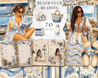 Watercolor Coastal Beach Club Reading clipart bundle and seamless patterns, Digital Planner Stickers & Reading Aesthetic PNGs, Scrapbook Kit