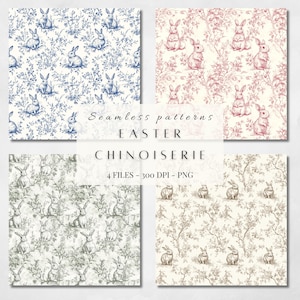 Modello vintage rosa di Pasqua, modello senza cuciture blu toile PNG, carta da parati digitale in carta da parati cineseria coniglio coniglietto retrò shabby chic