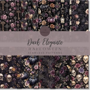 May include: A collection of ten seamless patterns with a dark, gothic Halloween theme. The designs feature roses, keys, pumpkins, skulls, and potion bottles in shades of purple, black, and gold. The text "Dark Elegance Halloween Seamless Patterns" is also included.