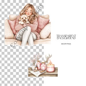 May include: A woman in a pink sweater sits on a couch with a small white dog. She is holding the dog in her arms. The couch is light brown with pink pillows. There are candles and jars on a wooden table in the foreground.