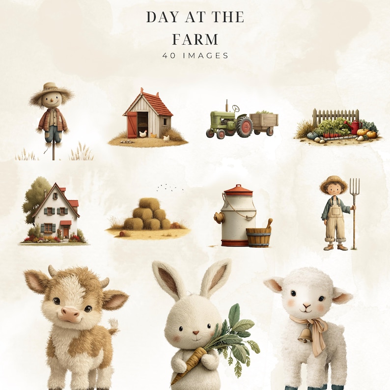 Watercolor Cute Farm Clipart | Adorable Baby Animals PNG | Cute Cow ...