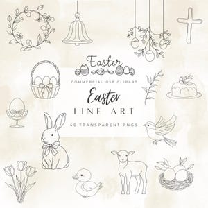Ensemble PNG de dessins au trait pour Pâques | Icônes du printemps | Invitation lapin et griffonnage | Clipart chrétien de Pâques | Art déco minimaliste