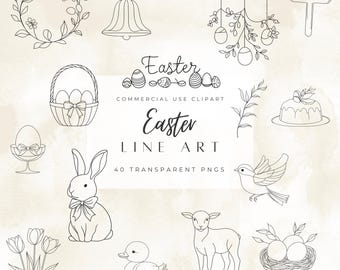 May include: A set of 40 black and white line art illustrations of Easter-themed objects, including a bunny rabbit, a lamb, a bird, a nest with eggs, a cake, a bell, a wreath, a cross, and tulips. The text "Easter Line Art" and "40 Transparent PNGs" is included in the image.
