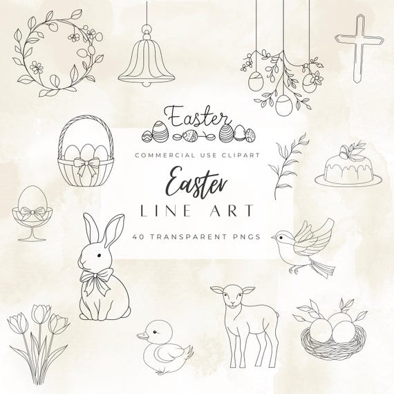 Easter Line Art Drawings PNG Bundle | Spring Icons | Bunny and Doodle Invitation | Christian Easter Clipart | Minimalistic Decor Art