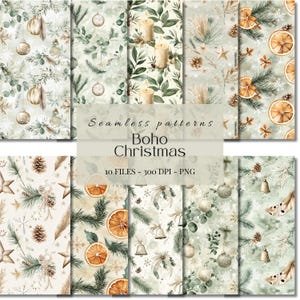 Op de afbeelding: Tien naadloze digitale papierpatronen met een boho-kerstthema. De patronen bevatten illustraties van dennentakken, sinaasappels, sterren, bellen, kaarsen en ornamenten in tinten groen, bruin, wit en goud.
