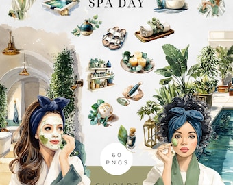 Luxus Spa Day Clipart Bundle, Hautpflege Aufkleber, Entspannung Clipart und PNG-Bilder, Selbstpflege Grafiken, digitaler Download