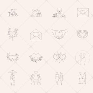 May include: A set of 12 line art illustrations featuring various love and wedding themes. The illustrations include hearts, flowers, teddy bears, envelopes, hands forming a heart shape, and couples.