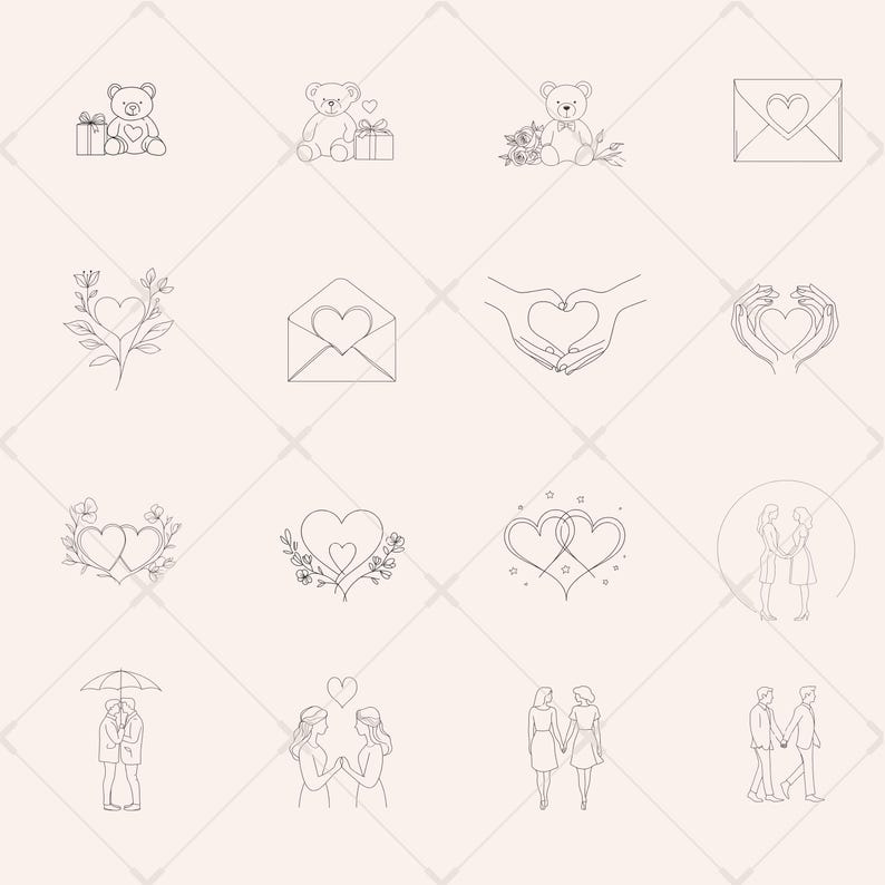 May include: A set of 12 line art illustrations featuring various love and wedding themes. The illustrations include hearts, flowers, teddy bears, envelopes, hands forming a heart shape, and couples.
