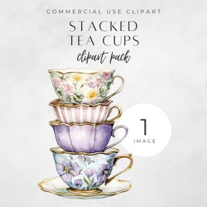 Könnte beinhalten: Aquarell-Illustration von vier gestapelten Teetassen. Die Tassen sind mit Blumenmustern und Streifen in Pastellfarben verziert. Das Bild enthält den Text "STACKED TEA CUPS clipart pack".