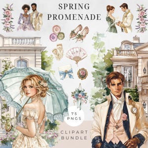 May include: Watercolor clipart bundle titled "Spring Promenade" featuring illustrations of couples in period clothing, accessories like shoes, gloves, and a fan, and floral elements. The image includes the text "75 PNGS" and "Clipart Bundle."