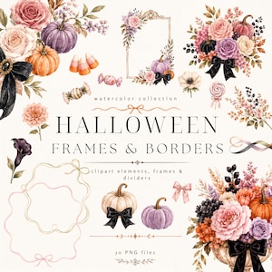 Può includere: Una collezione di acquerelli digitali con cornici e bordi a tema Halloween, composizioni floreali, zucche, caramelle e fiocchi neri. Il testo recita: watercolor collection HALLOWEEN FRAMES & BORDERS clipart elements, frames & dividers 50 PNG files.