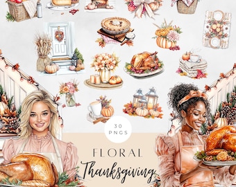Thanksgiving Day Clipart Watercolor png design | Cottagecore Books | Notion and Planner Lover PNG | Friendsgiving & Turkey Dinner Icons