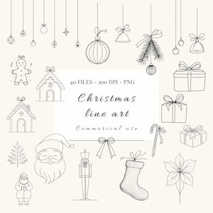 Weihnachten Linie Kunst Zeichnungen png Bündel | Weihnachtsgeschenke und Ornamente Clipart | Schwarz und Weiß Weihnachten | Minimalistische Dekorkunst