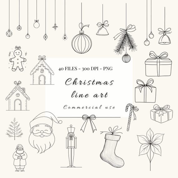 Christmas line art drawings png bundle | Christmas presents and ornaments clipart | Black and white Christmas | Minimalistic decor art