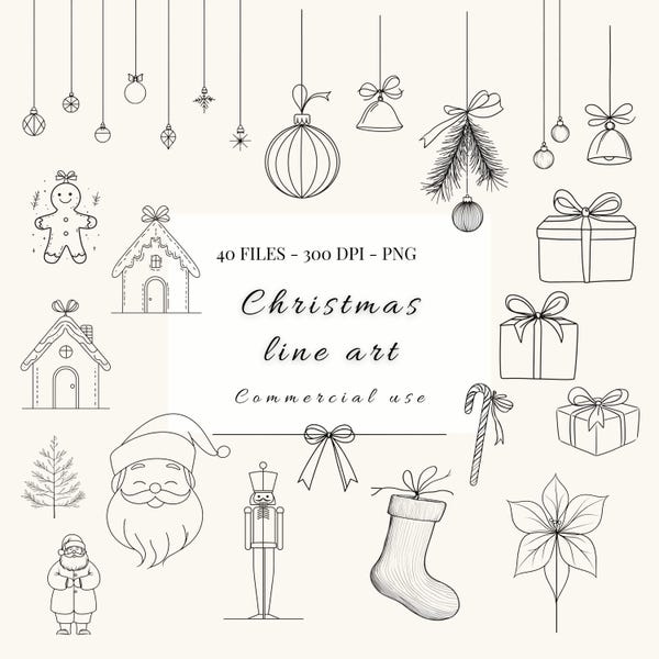 Christmas line art drawings png bundle | Christmas presents and ornaments clipart | Black and white Christmas | Minimalistic decor art