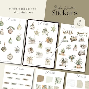 Digitale goodnotes december-stickers | Pakket met voorgesneden kerststickers boho | Esthetische stickers, dagboekstickers, dagelijkse stickers