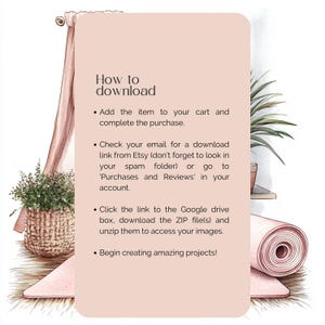 May include: A pink and white illustration of a yoga mat with text explaining how to download digital files from Etsy. The text says "How to download" and includes instructions to add the item to your cart, check your email for a download link, and click the link to the Google Drive box to download the ZIP file(s).