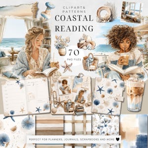 May include: A digital art collection titled "Coastal Reading" featuring watercolor illustrations. The image includes various elements such as seashells, starfish, and floral designs, perfect for planners, journals, and scrapbooks. The text in the image says "CLIPART & PATTERNS COASTAL READING 70 PNG FILES".