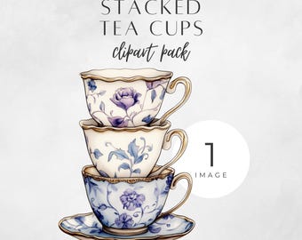 Stacked Tea Cups Clipart, Vintage Watercolor Digital Download for Scrapbooking, Tea Party Art, PNG Images, Rose Teacup, Tea Time