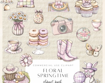 May include: A set of 40 floral springtime clipart images in pink, white, and yellow. The images include a camera, a vase of flowers, a butterfly, a bunny, a hat, a picnic basket, a donut, a cup of coffee, a pair of cowboy boots, and more.