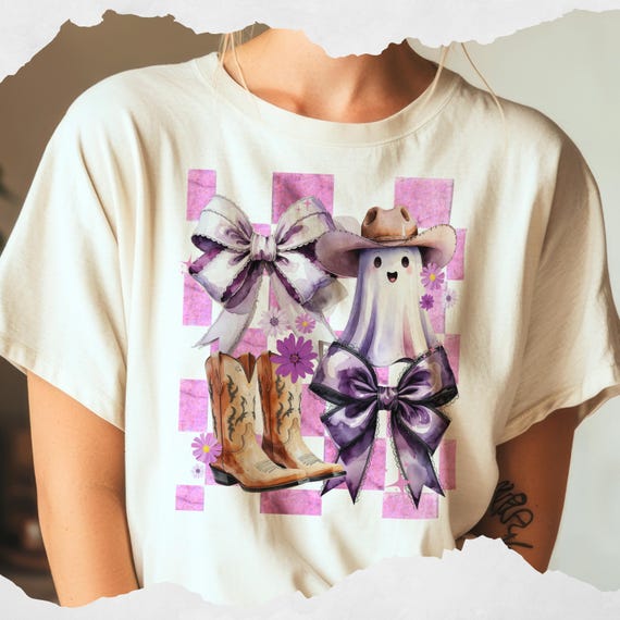 Western Halloween Ghost Coquette Png, Cowgirl Halloween Shirt Design, Girly Fall Pumpkin Sublimation, Floral Checker Ghost Bow Png