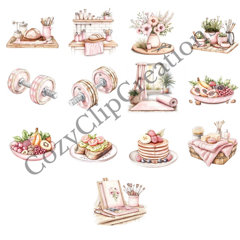 May include: A collection of watercolor illustrations featuring various lifestyle activities, including baking, fitness, relaxation, and art. The illustrations are in a pink and white color scheme and feature elements like dumbbells, a yoga mat, a bowl of fruit, a plate of pancakes, and a paint palette.