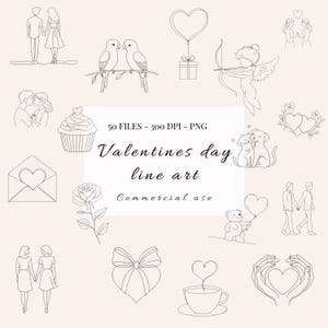 May include: A set of 50 black and white line art illustrations for Valentine's Day. The illustrations include hearts, flowers, couples, animals, and other romantic symbols. The illustrations are perfect for use in digital or printed projects.