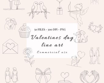 May include: A set of 50 black and white line art illustrations for Valentine's Day. The illustrations include hearts, flowers, couples, animals, and other romantic symbols. The illustrations are perfect for use in digital or printed projects.