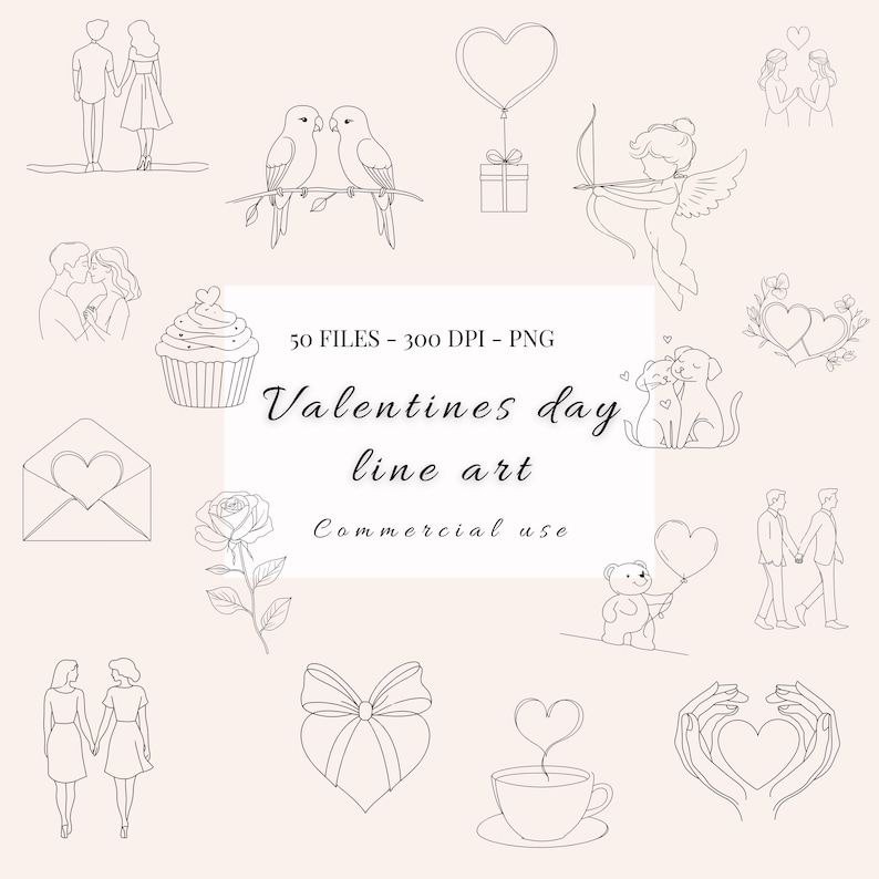 May include: A set of 50 black and white line art illustrations for Valentine's Day. The illustrations include hearts, flowers, couples, animals, and other romantic symbols. The illustrations are perfect for use in digital or printed projects.