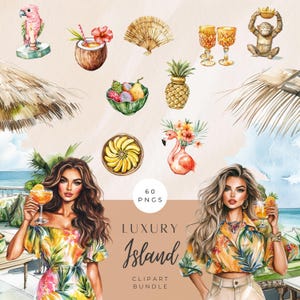 Luxe tropische eiland clipartbundel | Zomerse meisjes clipart | Tropisch eiland, png PNGEgg | Resortstijl, png-bestand | Reisafbeeldingen | Strandesthetiek