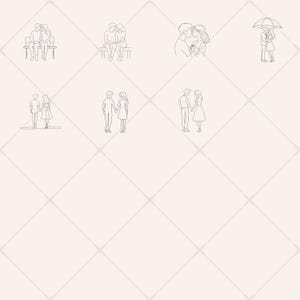 May include: A set of six black and white line drawings depicting couples in various poses. The couples are holding hands, sitting on a bench, standing under an umbrella, and embracing.