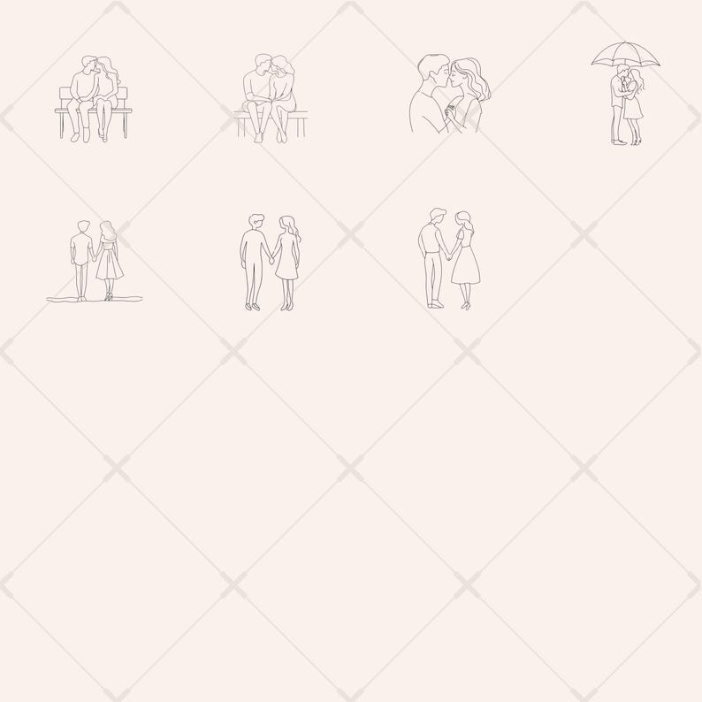 May include: A set of six black and white line drawings depicting couples in various poses. The couples are holding hands, sitting on a bench, standing under an umbrella, and embracing.
