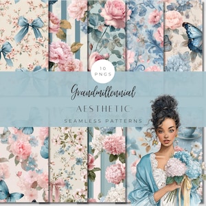 May include: A digital art collection featuring ten seamless patterns with a grandmillennial aesthetic. The patterns showcase floral designs in shades of pink, blue, and cream, with butterflies and bows. The text "Grandmillennial Aesthetic Seamless Patterns" is displayed.