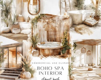Boho Spa Day Interior Clip Art, Self-Care Watercolor Bundle, Digital Download for Relaxation & Beauty Projects, Interior Decorating
