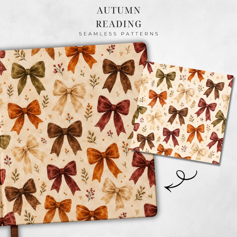 May include: A digital graphic featuring the text AUTUMN READING SEAMLESS PATTERNS above a beige background covered in a repeating watercolor illustration of bows in shades of brown, orange, and deep red, accented with small sprigs of berries.