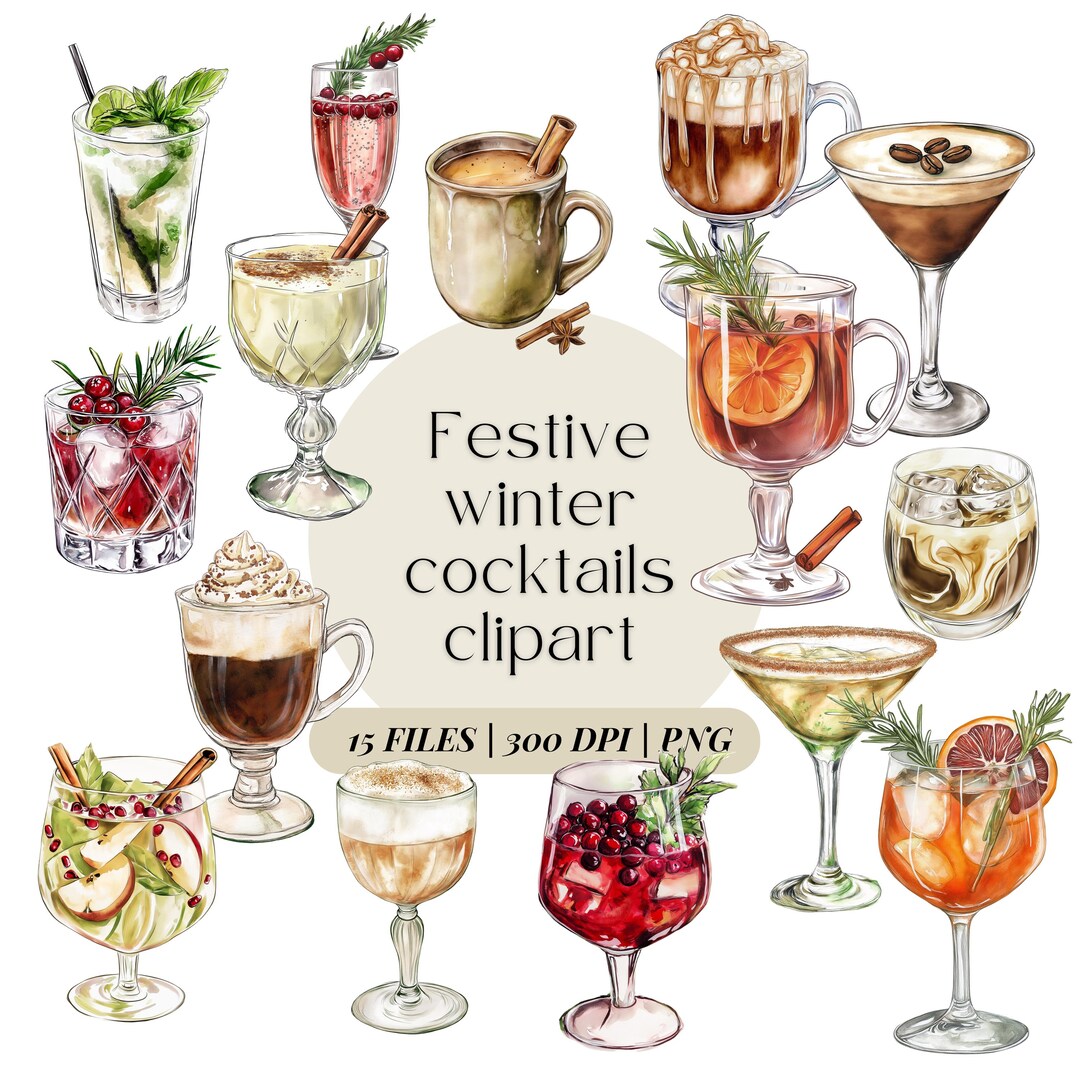 Festive Watercolor Winter Cocktail Clipart Bundle | Signature Drinks ...